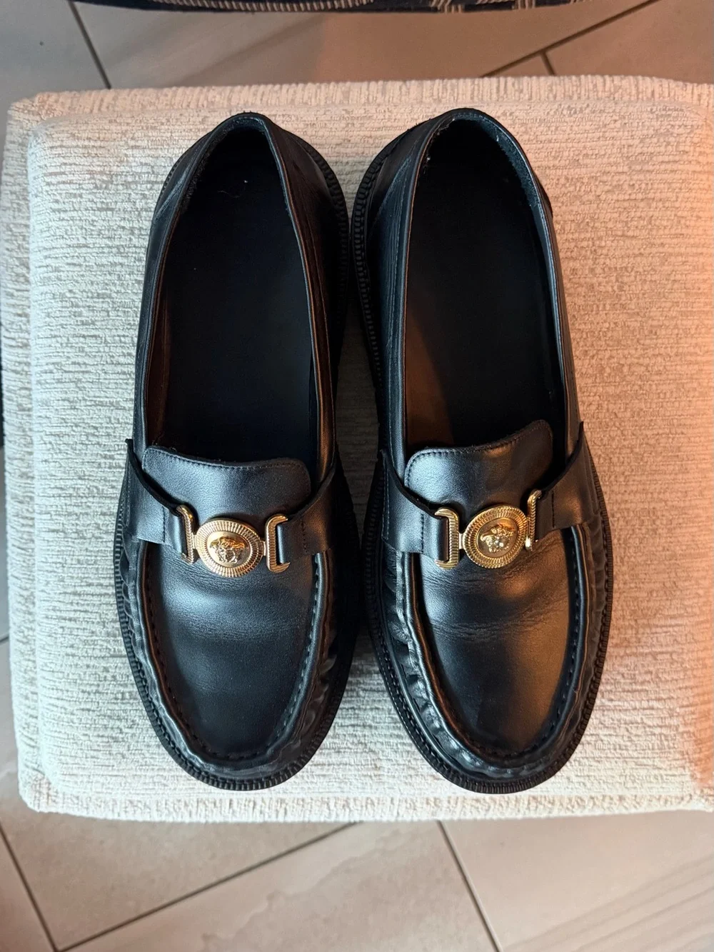 Versace Black Leather Medallion Bit Platform Loafers